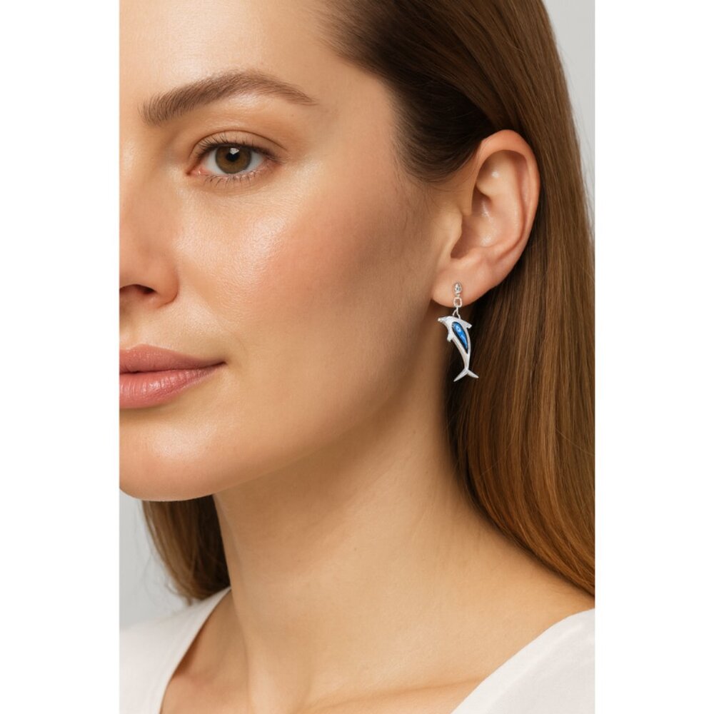 Silver Plated Dolphin Drop Earrings | Blue Abalone Inlay | Pierced Studs - Picture 5 of 9